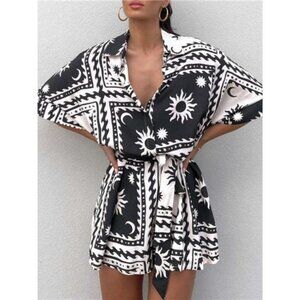 Printed Tie Waist Half Sleeve Romper